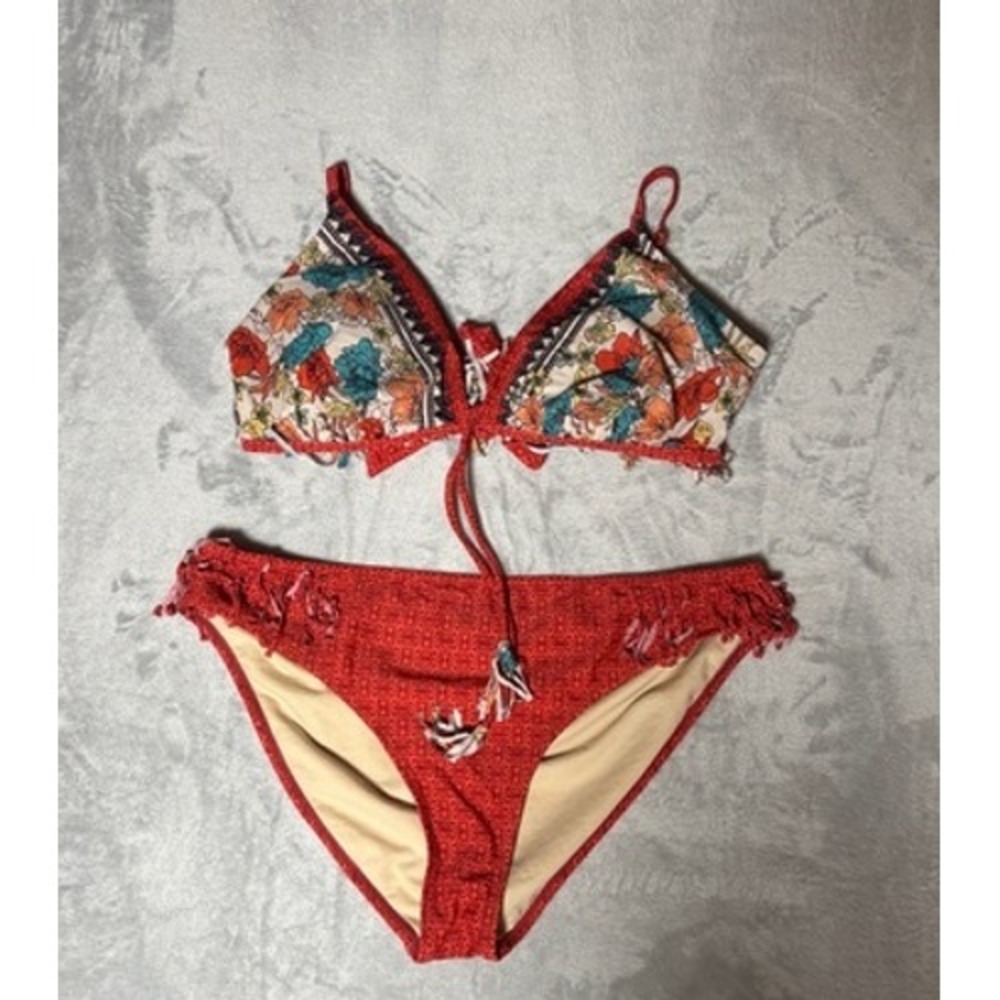 Swimsuits for All Bikini Set Orange Floral Tassles Sz 14 Top 12 Bottom Boho